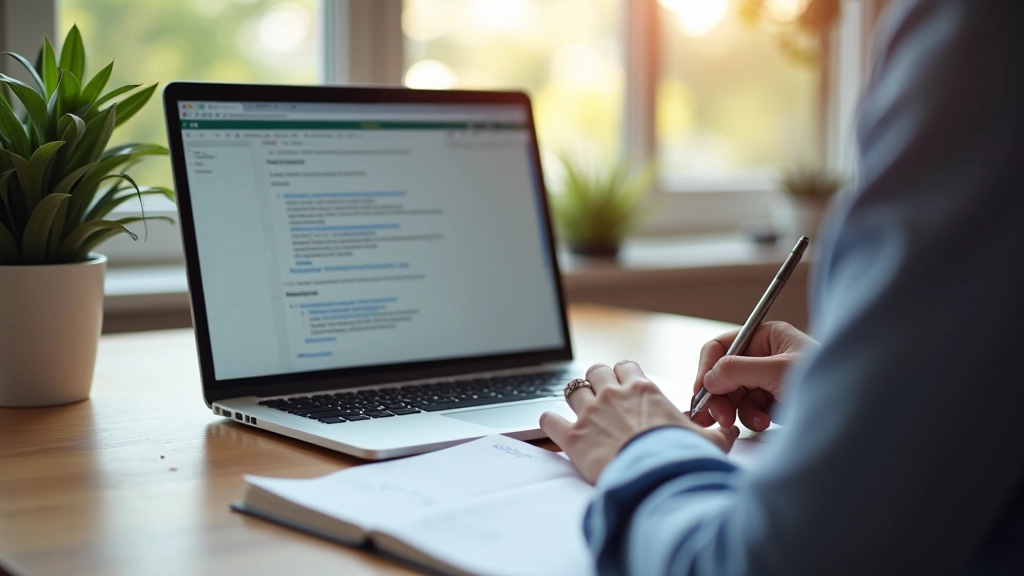 Person at desk writing alt text in a text editor, notebook with examples nearby, morning sunlight through window